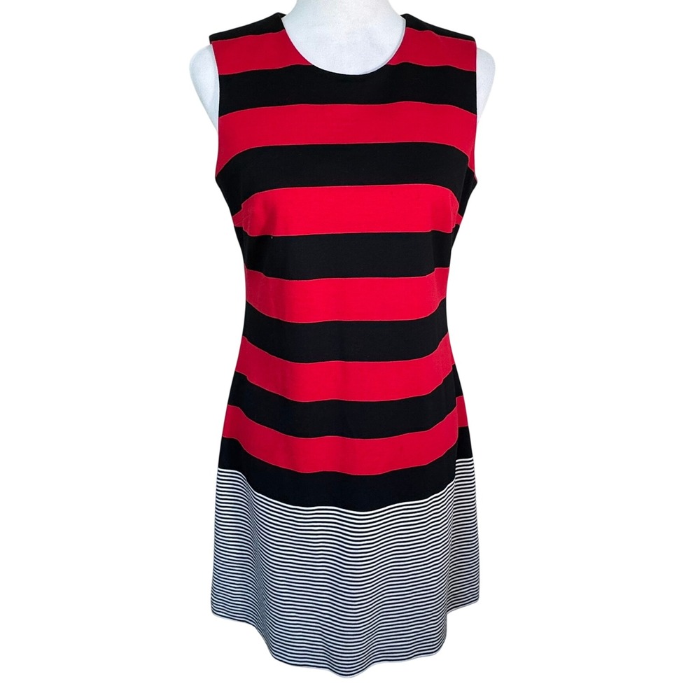 CALVIN KLEIN Women's 6 Red Black White Striped Sleeveless Sheath Midi Dress